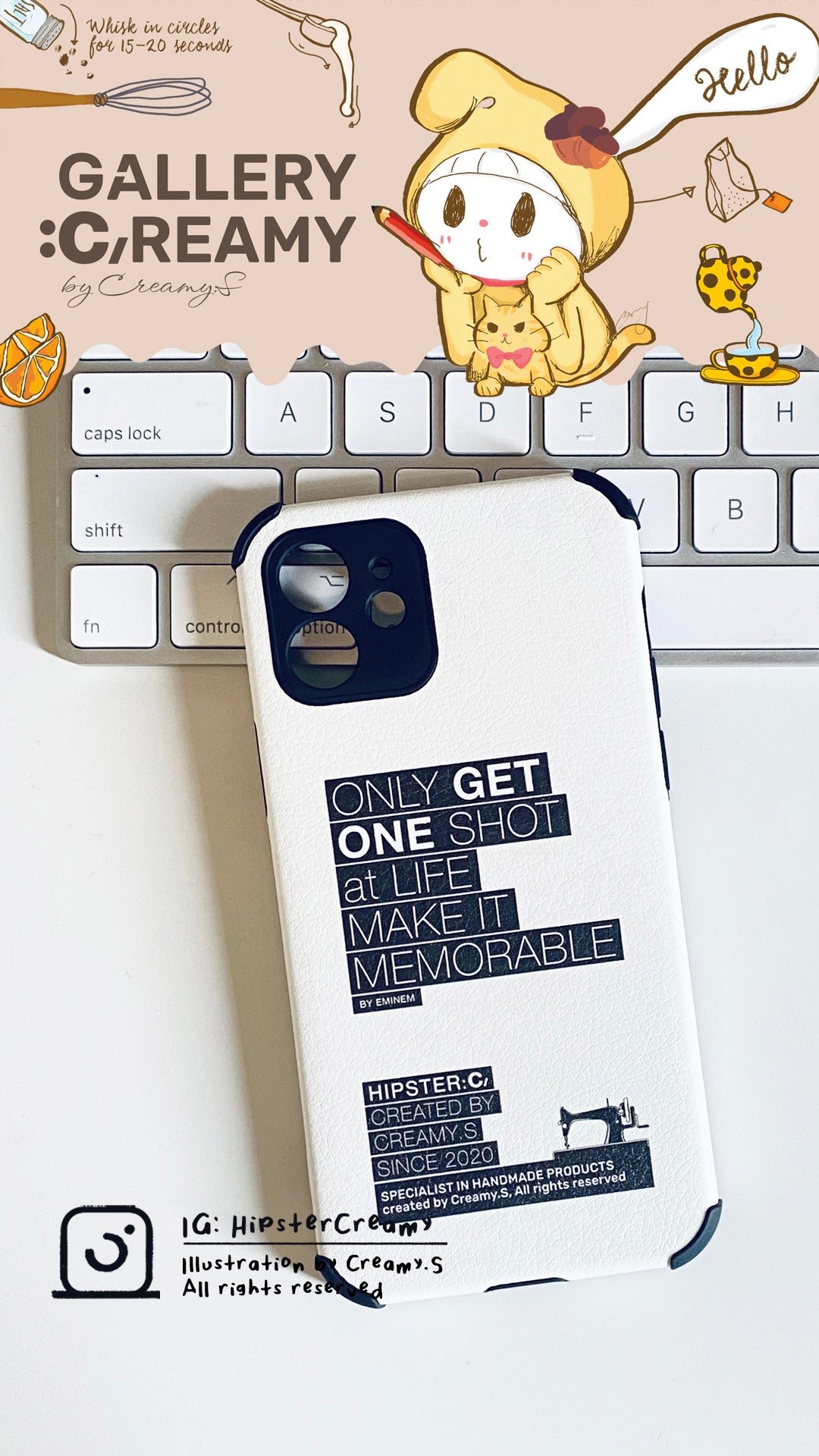 Hipster:C tagline "Only one shots" - leather-pattern TPU phone case