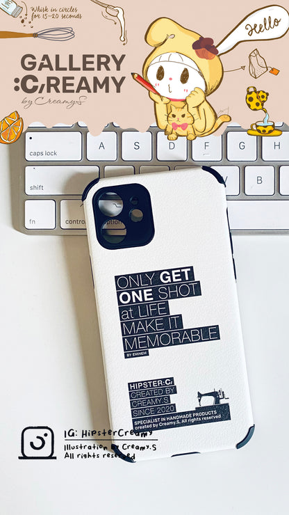 Hipster:C tagline "Only one shots" - leather-pattern TPU phone case