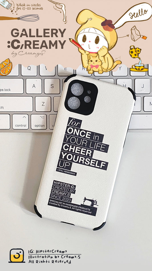 Hipster:C tagline "Cheer yourself up" - leather-pattern TPU phone case